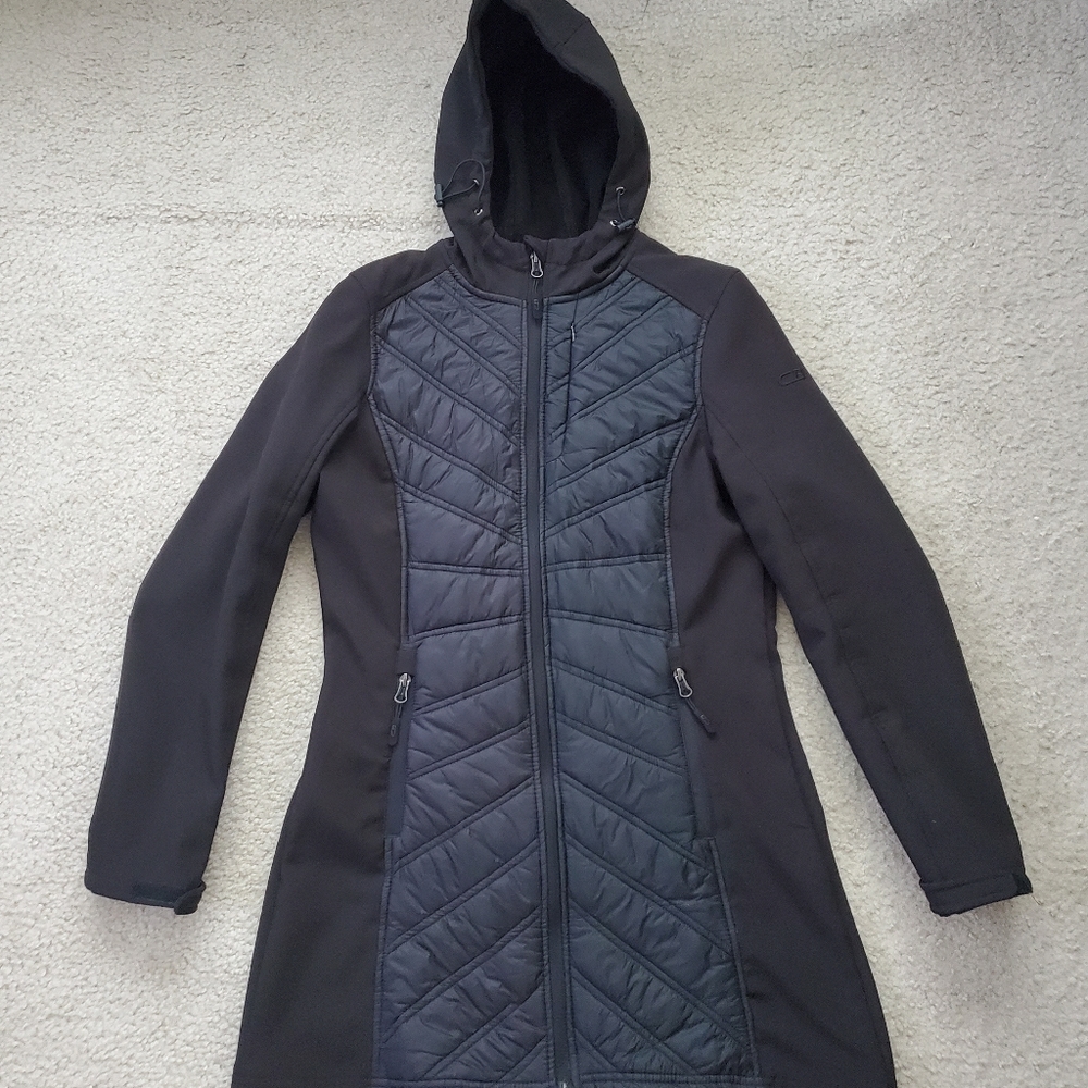 Black Mixed Media Jacket w/ Hood, EUC Size M